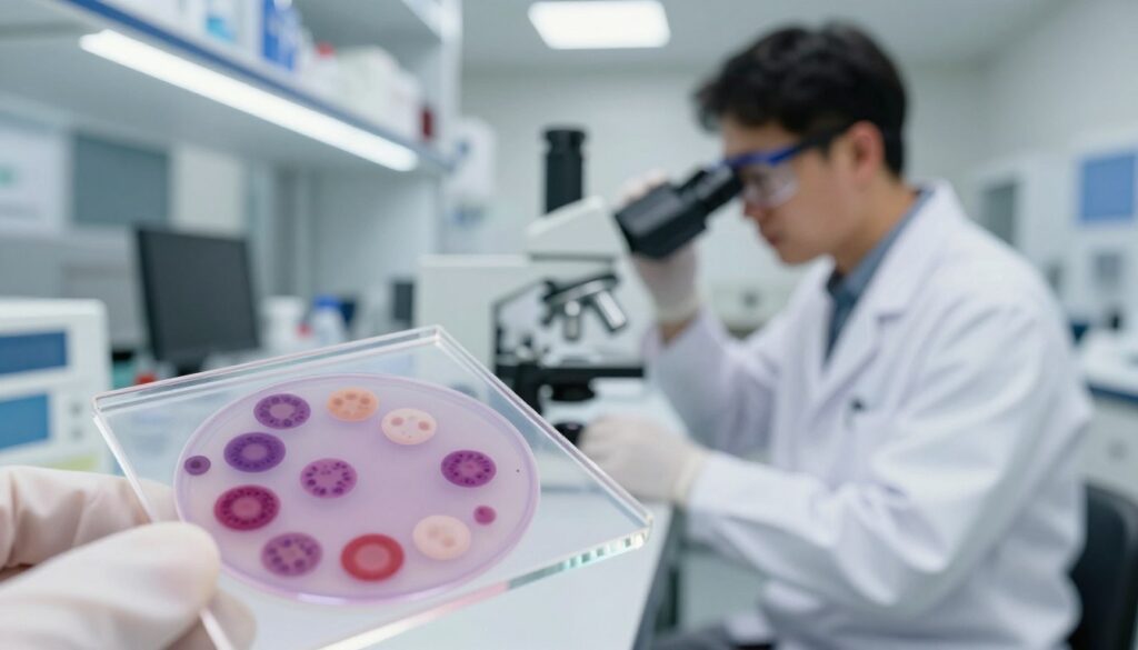 A serene laboratory setting focusing on blood morphology analysis. In the foreground, a close-up of a glass microscope slide with a well-prepared blood smear, showcasing various blood cells like red blood cells, white blood cells, and platelets. The middle ground features a professional laboratory technician in a white lab coat, carefully examining the slide under a microscope, wearing protective goggles, subtly highlighting the importance of safety and precision in this analysis. The background shows a well-organized laboratory with lab equipment, bright LED lighting illuminating the space, conveying a clean and safe environment. The overall mood is one of professionalism, precision, and safety.