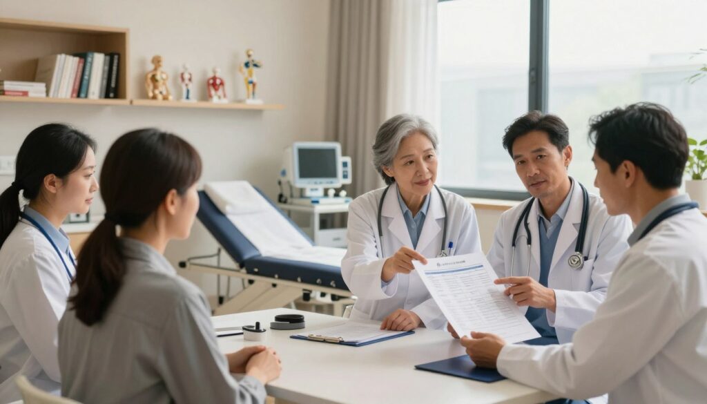 A serene medical consultation room focused on the theme of elevated monocyte treatment. In the foreground, a diverse group of healthcare professionals, dressed in professional business attire, discuss a patient's lab results, pointing to a detailed medical chart. The middle ground features a modern, well-equipped examination table and diagnostic tools, symbolizing medical technology. Soft, diffused lighting adds a warm and inviting atmosphere, while large windows in the background allow natural light to pour in, creating a calm ambiance. Shelves filled with medical books and anatomical models enhance the educational aspect. The overall mood is professional, compassionate, and informative, emphasizing the importance of treating abnormal blood results effectively.