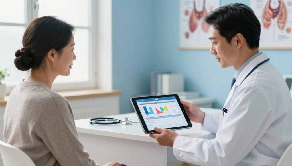 A serene medical consultation scene focused on a healthcare professional discussing thyroid hormone management after thyroidectomy. In the foreground, a well-dressed doctor (in a white lab coat) is showing a thyroid hormone level graph on a tablet to a middle-aged patient sitting comfortably in a chair, wearing modest casual clothing. The doctor's expression is compassionate and engaged. In the middle ground, a window with soft, natural light filters into the room, illuminating a few medical charts and a stethoscope on the desk nearby. The background includes calming blue walls with anatomical posters of the thyroid gland. The atmosphere is professional yet warm, reflecting a supportive environment for patient care. The image is well-composed with a focus on the doctor-patient interaction, emphasizing the importance of monitoring TSH levels and hormone supplementation.