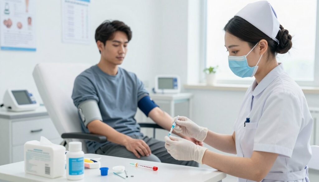A serene medical environment depicting a blood draw preparation scene. In the foreground, a nurse in professional attire is preparing sterile equipment, including a needle, alcohol wipes, and collection tubes, with a focused expression. The middle ground features a patient sitting comfortably in a well-lit examination room, appearing calm and relaxed, with their arm extended and ready for the procedure. The background reveals a clean, modern medical setting with charts, a blood pressure monitor, and a small window allowing natural light to illuminate the space. The overall mood is reassuring and clinical, conveying professionalism and care. The scene is captured from a mid-angle perspective to emphasize the interaction between the patient and the nurse, showcasing the importance of preparation for a blood test.