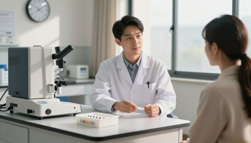 A serene medical laboratory setting, showcasing a modern thyroid testing area. In the foreground, a well-organized table displays essential medical equipment, including a blood testing kit and a clock emphasizing the time of day. In the middle ground, a professional doctor in a pristine white coat, with neat hair, is gently explaining the importance of fasting before TSH testing to a patient seated across from them. The background features large windows letting in soft natural light, casting gentle shadows, creating a calm atmosphere. The color palette is warm and inviting, emphasizing health and well-being. The image should convey a mood of professionalism, trust, and clarity in communication about thyroid health.