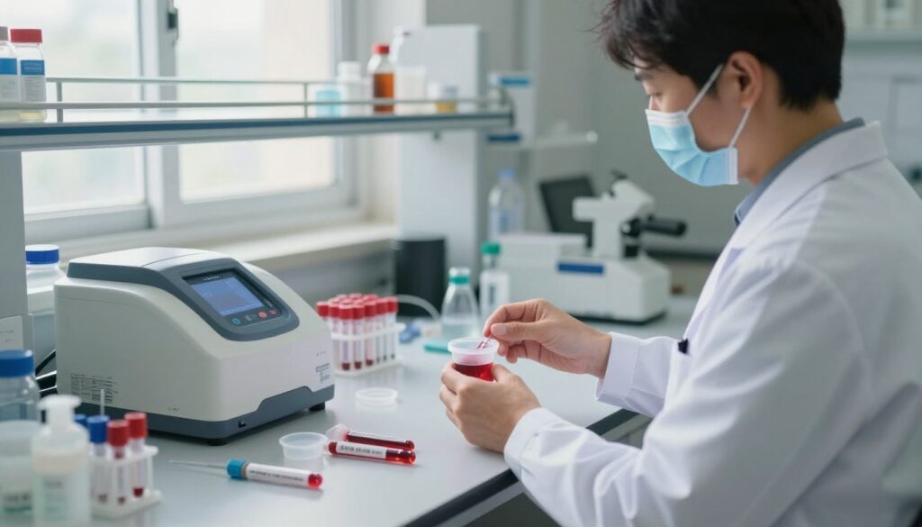 A serene medical laboratory setting with a focus on blood test preparations. In the foreground, a professional healthcare worker in a clean white lab coat gently handling blood samples in sterile containers. The middle ground features an organized lab bench with various medical instruments, test tubes, and a blood analyzer, bathed in soft, natural lighting that creates a calm atmosphere. In the background, shelves filled with medical supplies and a large window allowing sunlight to illuminate the space. The overall mood is one of professionalism and care, emphasizing the importance of preparation for blood tests after illness. The composition is shot from a slightly elevated angle to provide a comprehensive view of the setup, ensuring clarity and focus on the medical aspect. A serene medical laboratory setting with a focus on blood test preparations. In the foreground, a professional healthcare worker in a clean white lab coat gently handling blood samples in sterile containers. The middle ground features an organized lab bench with various medical instruments, test tubes, and a blood analyzer, bathed in soft, natural lighting that creates a calm atmosphere. In the background, shelves filled with medical supplies and a large window allowing sunlight to illuminate the space. The overall mood is one of professionalism and care, emphasizing the importance of preparation for blood tests after illness. The composition is shot from a slightly elevated angle to provide a comprehensive view of the setup, ensuring clarity and focus on the medical aspect.