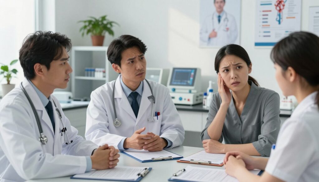 A serene medical office environment showcasing a blood test examination scenario. In the foreground, a diverse group of professionals in business attire—two doctors, a nurse, and a patient—are engaged in a discussion around a table filled with medical reports and blood samples. The doctors express concern while the patient shows a mix of curiosity and anxiety. In the middle ground, a well-organized lab area with various medical equipment, vials, and charts visually representing the influence of stress on blood results. The background features soft, diffused lighting creating a calm atmosphere, with potted plants and medical posters decorating the walls. Soft shadows enhance the realism, while a shallow depth of field focuses on the dialogue, conveying an air of professionalism and urgency regarding complementary tests for stress impact.