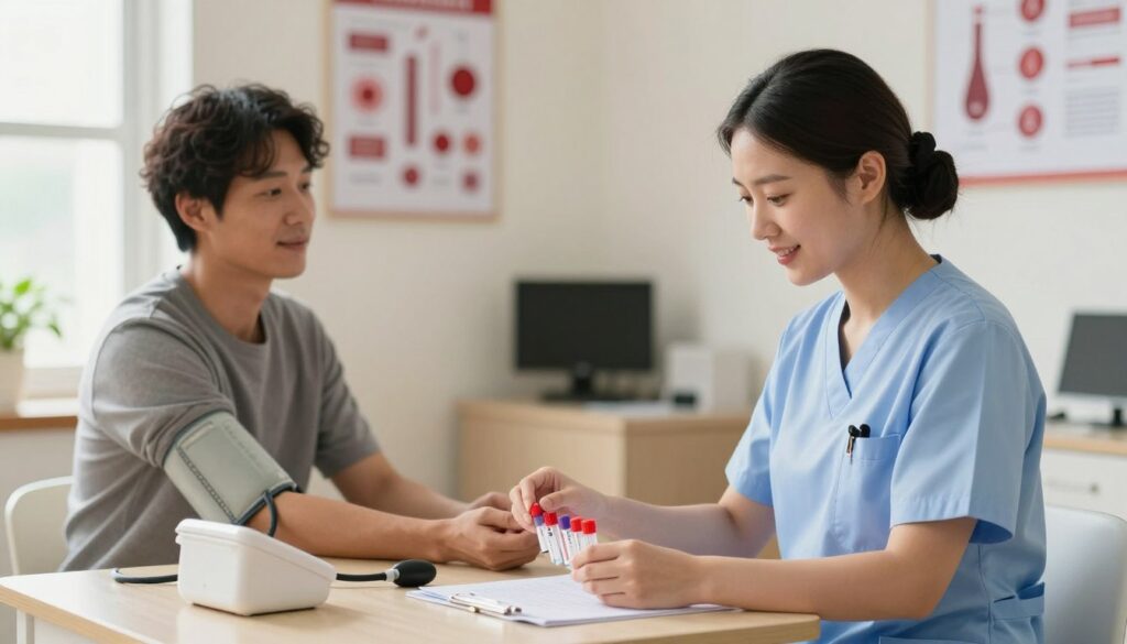 A serene medical office setting focused on a healthcare professional preparing for a blood test. In the foreground, a compassionate nurse, dressed in professional scrubs, is organizing medical equipment like tubes and a blood pressure monitor with a reassuring smile. In the middle, a patient sits calmly, their arm extended while talking to the nurse, reflecting a calm atmosphere. The background features a soft-lit room with medical posters on the walls about blood composition and health, enhancing the educational feel. Natural light streams in from a window, creating a warm and inviting environment, suggesting a focus on health and well-being. The overall mood is peaceful and professional, emphasizing the importance of preparation and tranquility before blood tests.