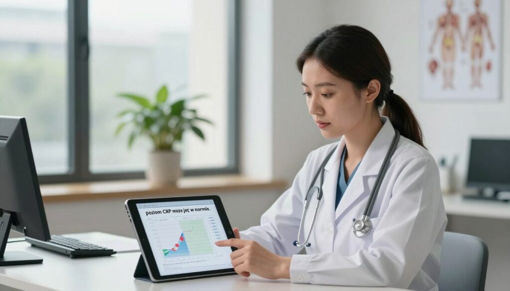 A serene medical office setting, with a female doctor in professional attire examining a digital tablet, displaying a graph of CRP levels in the foreground. In the middle, a medical chart highlights the phrase "poziom CRP może być w normie." The background features a large window with soft natural light filtering through, illuminating a potted plant and a few anatomical diagrams on the walls. The atmosphere is calm and informative, conveying a sense of trust and professionalism. The focus is on the doctor’s thoughtful expression, emphasizing the complexity of the subject matter regarding low CRP levels and cancer development. Shot with a shallow depth of field to create a soft-focus effect on the surrounding elements, enhancing the professionalism of the scene.