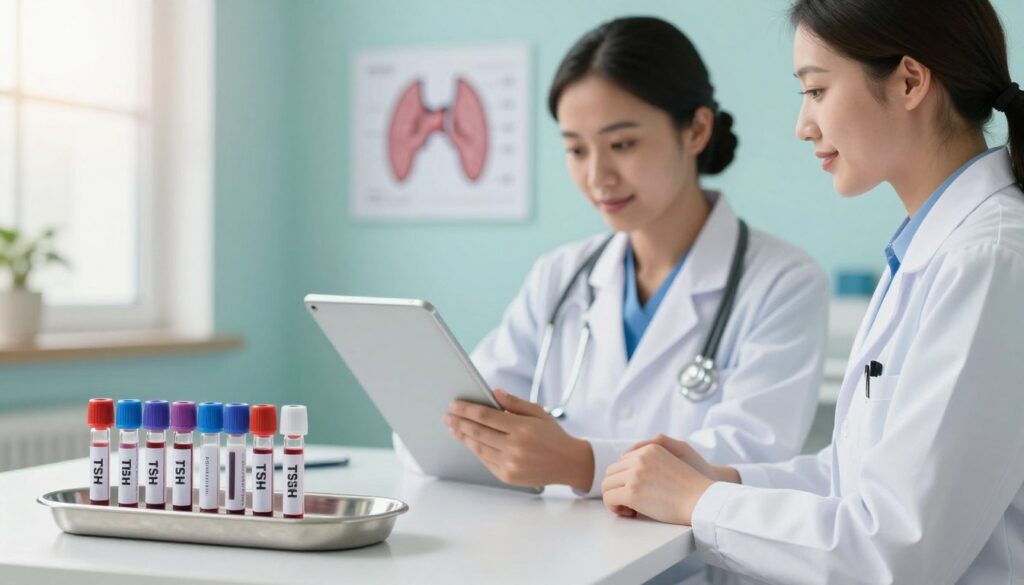 A serene medical setting showcasing a professional healthcare environment focused on thyroid health. In the foreground, a neatly arranged set of blood test vials labeled "TSH" on a stainless steel tray, symbolizing hormone levels. In the middle, a confident, diverse healthcare professional in a white lab coat, examining TSH results on a digital tablet. In the background, soft blue and green tones create a calming atmosphere, with charts depicting thyroid function and hormone fluctuations on the wall. Natural light filters through a window, casting a warm glow on the scene. The mood is informative and supportive, emphasizing the importance of monitoring TSH during pregnancy.