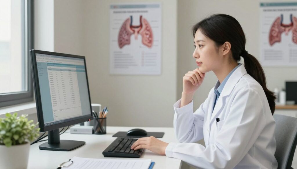 A serene, modern doctor's office filled with natural light, featuring a sleek desk with a monitor displaying thyroid test results. In the foreground, a confident healthcare professional in a white lab coat examines a computer screen, their expression thoughtful and attentive. In the middle ground, medical charts and diagrams of the thyroid gland are visible, providing context about monitoring thyroid levels. The background showcases soothing, neutral-colored walls, and a small plant for a touch of greenery, creating a calm atmosphere. The lighting is bright yet soft, emphasizing the professionalism of the setting. The overall mood is one of focus and expertise, conveying the importance of thyroid monitoring and patient care. A serene, modern doctor's office filled with natural light, featuring a sleek desk with a monitor displaying thyroid test results. In the foreground, a confident healthcare professional in a white lab coat examines a computer screen, their expression thoughtful and attentive. In the middle ground, medical charts and diagrams of the thyroid gland are visible, providing context about monitoring thyroid levels. The background showcases soothing, neutral-colored walls, and a small plant for a touch of greenery, creating a calm atmosphere. The lighting is bright yet soft, emphasizing the professionalism of the setting. The overall mood is one of focus and expertise, conveying the importance of thyroid monitoring and patient care.