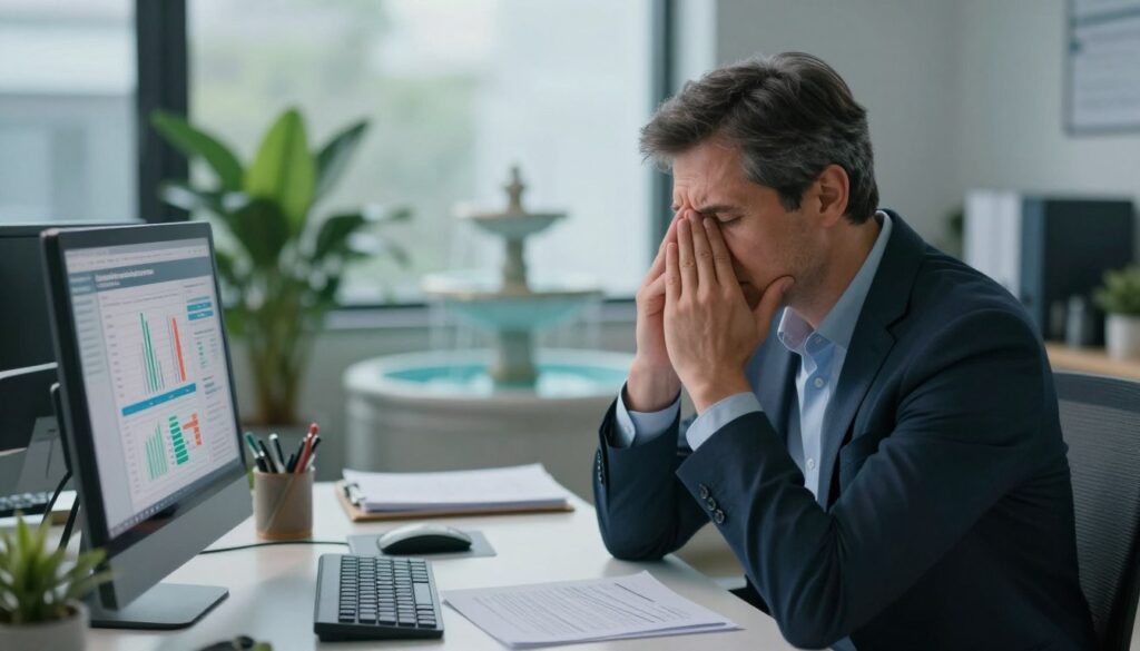 A serene office environment showcasing the impact of stress on inflammatory markers. In the foreground, a person in professional attire, a middle-aged Caucasian male, sits at a desk, looking contemplative while surrounded by papers and a digital device displaying charts related to inflammation levels. In the middle ground, a plant and a calming water fountain, symbolizing healing and stress relief. In the background, a window with soft daylight filtering through, creating a peaceful atmosphere. The color palette should be soothing with blues and greens. The mood conveys introspection and the importance of sleep quality in managing inflammation. The angle should be slightly above eye level, focusing on the subject's facial expressions and the workspace environment.