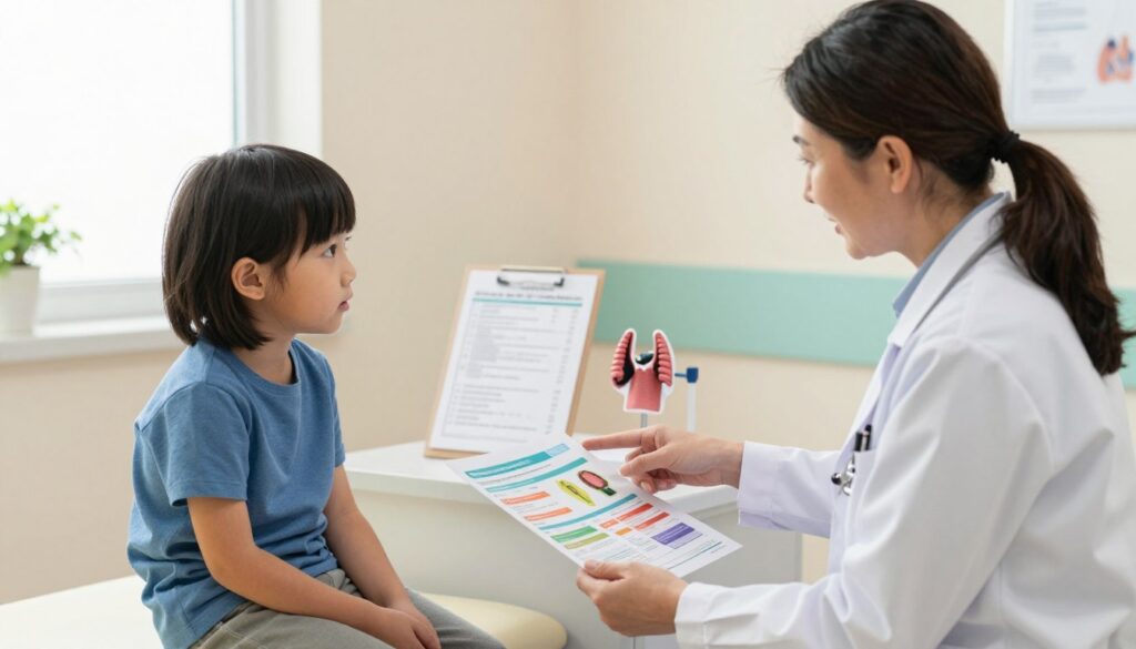 A serene pediatric clinic scene depicting a doctor and a child discussing thyroid treatment options. In the foreground, the doctor, a middle-aged female in a white lab coat, is gently explaining while pointing to a colorful healthcare pamphlet. The child, around 5 years old, is sitting on an exam table, looking attentive and curious, wearing a casual blue t-shirt. In the middle ground, medical charts and a thyroid model are prominently displayed on a nearby desk, enhancing the educational atmosphere. The background features soft lighting with pastel-colored walls and a window letting in natural light, creating a warm and reassuring ambiance. Capture a sense of hope and support in this important moment of healthcare. A serene pediatric clinic scene depicting a doctor and a child discussing thyroid treatment options. In the foreground, the doctor, a middle-aged female in a white lab coat, is gently explaining while pointing to a colorful healthcare pamphlet. The child, around 5 years old, is sitting on an exam table, looking attentive and curious, wearing a casual blue t-shirt. In the middle ground, medical charts and a thyroid model are prominently displayed on a nearby desk, enhancing the educational atmosphere. The background features soft lighting with pastel-colored walls and a window letting in natural light, creating a warm and reassuring ambiance. Capture a sense of hope and support in this important moment of healthcare.