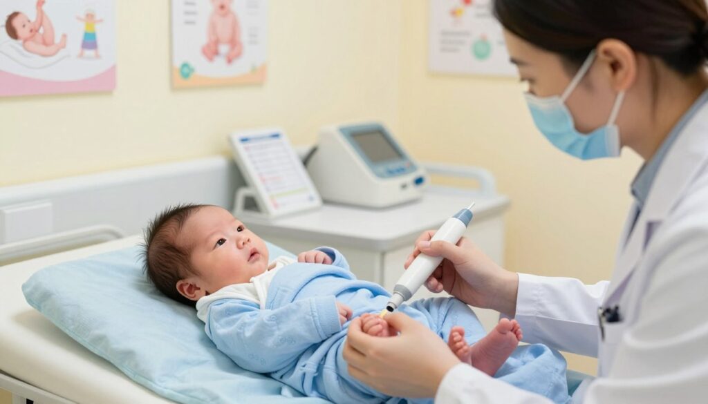 A serene pediatric healthcare setting, focusing on a gentle and professional examination of a newborn being tested for CRP levels. In the foreground, a caring healthcare professional, dressed in a white lab coat, is using a medical device to gently collect a blood sample from the infant's heel. The infant, swaddled in a cozy blue blanket, exhibits a calm demeanor, with concerned but comforting facial expressions from the healthcare provider. In the middle, medical charts and equipment are organized on a clean, sterile countertop, showcasing the high standards of pediatric care. The background features soft pastel colors on the walls and posters about infant health, allowing for a warm, inviting atmosphere. The lighting is bright but soft, highlighting the focus on the healthcare process, captured at eye level for an intimate perspective.