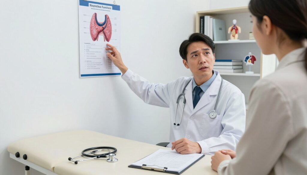 A serene, well-lit medical examination room where a healthcare professional, dressed in a white lab coat, is discussing thyroid function tests with a patient. The foreground features a medical examination table with a stethoscope and thyroid test results on a clipboard. In the middle, the doctor gestures towards a chart on the wall that depicts the thyroid gland's anatomy and functions, while the patient attentively listens, showing a mixture of curiosity and concern. The background includes shelves with medical books and models of the human endocrine system. Soft, natural lighting creates a calm and informative atmosphere, highlighting the importance of understanding when to get thyroid tests done. The angle should focus on the interaction between the doctor and the patient, capturing the essence of patient-centered care.