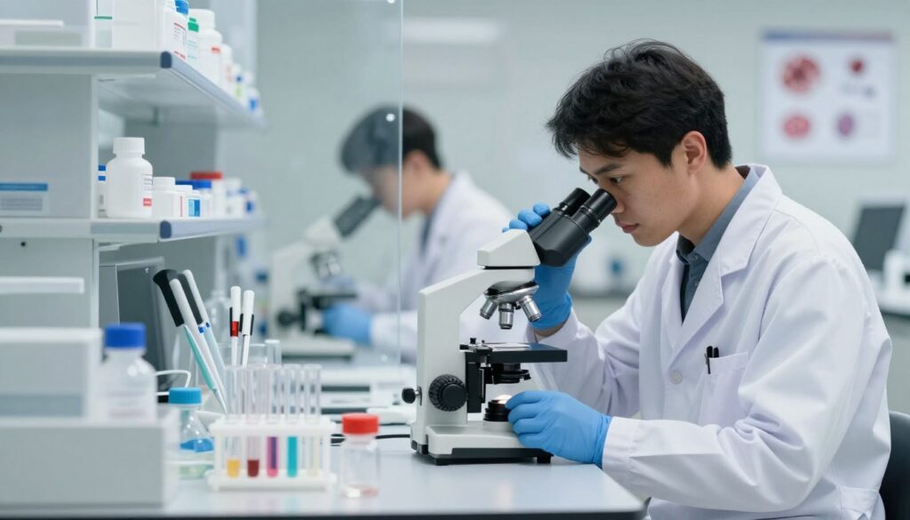 A sterile laboratory environment that illustrates the process of laboratory tests for infections. In the foreground, there is a table with various laboratory instruments such as test tubes, pipettes, and a microscope, all meticulously arranged. A scientist in professional attire is examining a sample under the microscope, showcasing a focused expression, representing diligence in testing for throat infections. The middle of the scene features a semi-transparent glass partition with additional lab equipment visible, enhancing the sense of a busy laboratory. In the background, softly blurred shelves filled with medical supplies and charts about infections can be seen. The lighting is bright and clear, emphasizing cleanliness and precision, creating a calm and professional atmosphere conducive to scientific research.