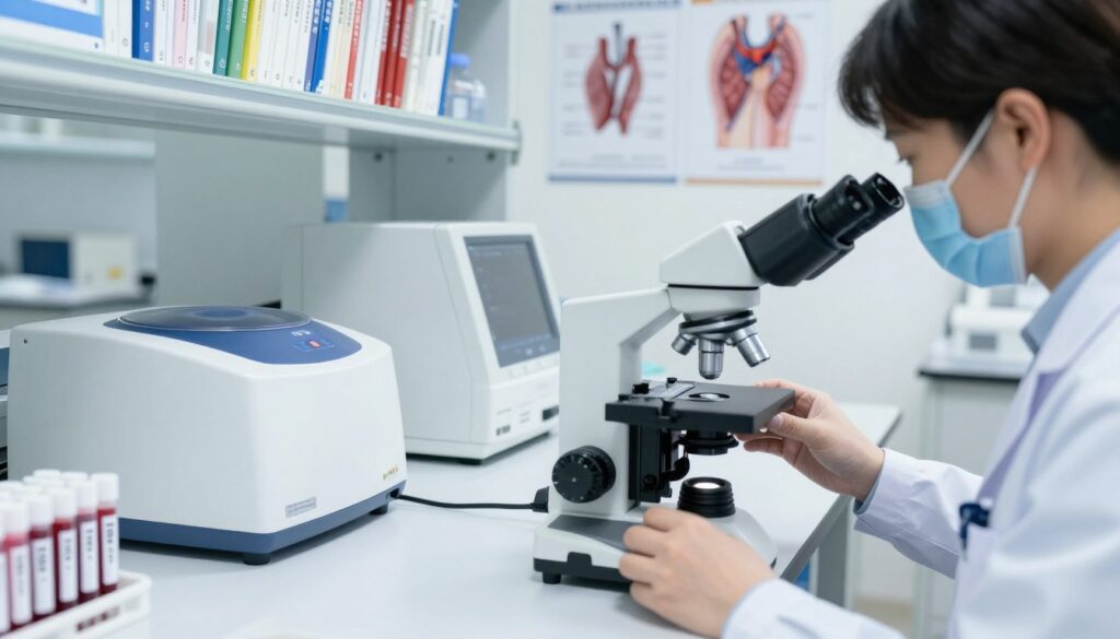 A sterile laboratory setting focused on thyroid diagnostics, featuring a bright, well-lit room with an assortment of medical equipment. In the foreground, a close-up view of a laboratory technician in professional medical attire, carefully analyzing blood samples using a microscope, with test tubes labeled for TSH testing nearby. In the middle, a modern laboratory table displaying various diagnostic instruments like centrifuges and blood analyzers. In the background, a shelf filled with medical textbooks and prints of thyroid anatomy, emphasizing an educational atmosphere. The lighting is bright and clinical, casting soft shadows, evoking precision and professionalism in the diagnostics process. The overall mood conveys a sense of seriousness and competence in thyroid health evaluation.