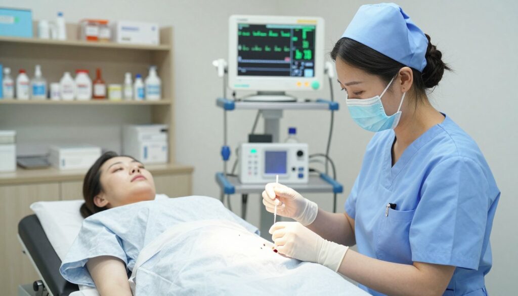 A sterile medical environment centered on a lumbar puncture procedure; in the foreground, a nurse in professional scrubs prepares a sterile needle, with a focused and careful expression. The middle ground features a patient lying on an examination table, clad in a simple hospital gown, displaying a sense of calmness. In the background, there are shelves neatly stocked with medical supplies and a wall-mounted monitor displaying vital signs. The lighting is bright, clinical, emphasizing the cleanliness of the environment. The atmosphere is serious yet reassuring, capturing the importance of the lumbar puncture in analyzing cerebrospinal fluid. The image should convey a sense of professionalism and competence, ensuring the clinical setting is the focal point.
