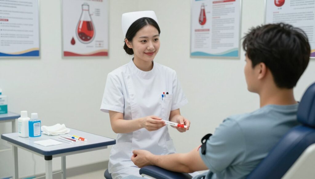 A sterile medical environment illustrating a blood draw preparation scene. In the foreground, a professional nurse in scrubs stands beside a patient seated on an examination chair, both looking calm and focused. The nurse is displaying a reassuring smile while holding a sterile blood collection kit. In the middle ground, the scene includes an organized table with medical supplies such as alcohol wipes, gauze, and sterile needles. The background features soft, diffused lighting creating a calm atmosphere, with medical posters on the walls depicting blood donation and health information. The image is captured from a slightly elevated angle to highlight the interaction while ensuring a clean, focused composition that emphasizes patient care and professionalism.