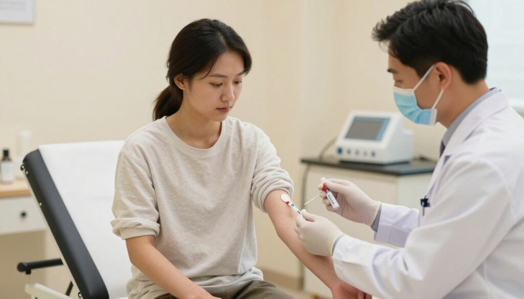 A sterile, well-lit medical examination room serves as the background, featuring a clean examination table and medical equipment, emphasizing a clinical atmosphere. In the foreground, a healthcare professional in a white lab coat prepares to draw blood from a patient. The patient, dressed in a modest, light-colored shirt, sits calmly on the examination table, with their arm extended and a gentle look of concentration on their face. The healthcare worker, focused and professional, holds a needle and blood collection vial, illustrating the process of blood sampling. Warm, inviting lighting creates a reassuring mood, while ensuring the scene captures the significance of proper fasting before blood tests, highlighting the theme of preparation and care in medical practice.