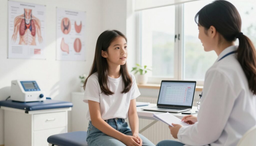 A teenage girl, wearing a simple yet professional outfit, sits in a bright and modern clinic, discussing thyroid diagnostics with a friendly healthcare professional. The foreground focuses on the two individuals engaged in conversation, with anatomical charts of the thyroid gland displayed on the walls around them. In the middle, there's an examination table with medical equipment and a laptop open, showcasing a graph of TSH levels. The background features a large window allowing natural sunlight to illuminate the room, creating a warm and inviting atmosphere. Soft lighting adds a sense of calm, while the angle captures the interaction between the girl and the doctor, emphasizing the importance of thyroid health during adolescence.