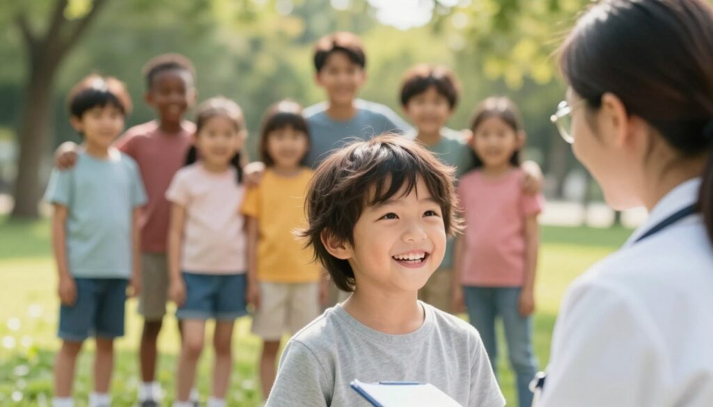A thoughtful composition showcasing children of diverse ages and genders, representing the concept of thyroid health. Foreground: close-up of a cheerful, engaged young child with a doctor, both smiling and dressed in modest casual clothing, illustrating a positive interaction. Middle ground: a small group of children playing together in a park, each showing a sense of vitality and happiness, reflecting varied ages and backgrounds. Background: soft, blurred greenery of the park under bright, natural sunlight, creating a warm and inviting atmosphere. The overall mood is hopeful and educational, conveying the importance of understanding age and gender in health assessments. Use a soft focus lens effect with a slight bokeh to enhance the joyful and nurturing environment.