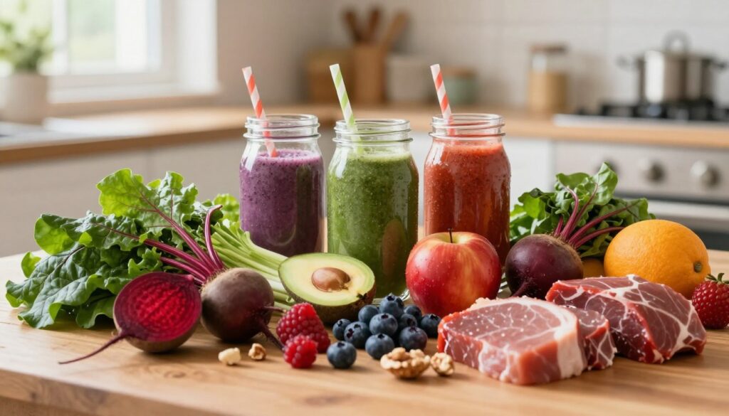 A vibrant and colorful spread of fresh, healthy foods emphasizing a blood-boosting diet. In the foreground, a variety of nutrient-rich ingredients including leafy greens, bright red beets, juicy berries, nuts, and lean meats are artfully arranged on a wooden table. The middle ground features a glass jar of visually appealing smoothies with rich colors, showcasing fruits and vegetables. In the background, a softly blurred kitchen setting with natural light streaming in through a window, creating a warm and inviting atmosphere. The overall mood is uplifting and health-focused, reflecting the importance of diet in supporting the circulatory system. The image should be bright and clear, utilizing soft focus techniques to enhance the freshness of the food.