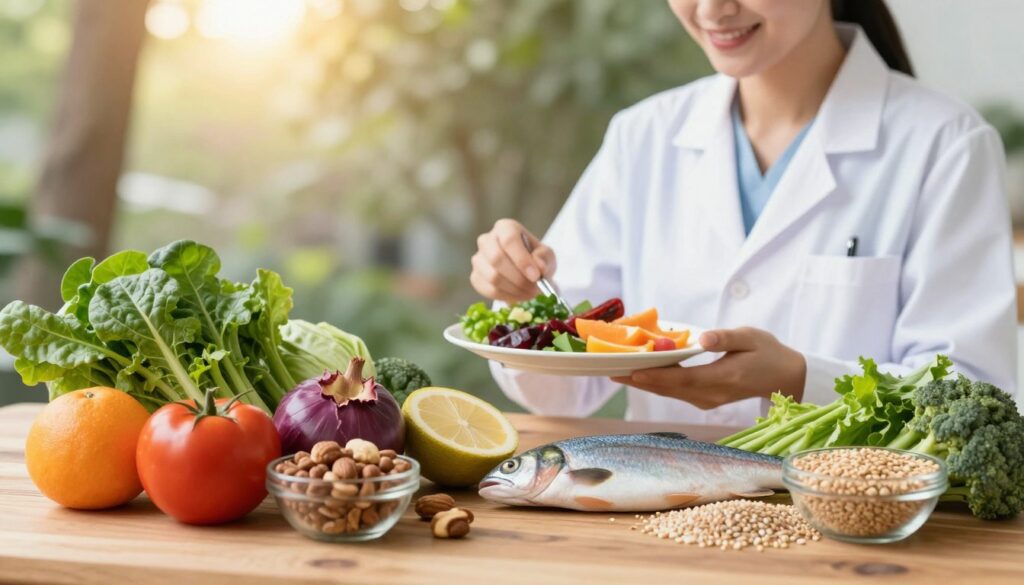 A vibrant and informative composition illustrating the impact of diet on thyroid health. In the foreground, a diverse array of healthy foods—leafy greens, nuts, fish, and whole grains—artfully arranged on a wooden table, showcasing their vibrant colors. In the middle ground, a professional nutritionist, dressed in a white coat, is examining a plate of food, symbolically representing the importance of diet in managing thyroid function. The background features a soft-focus outdoor setting, with sunlight filtering through trees, creating a calm and positive atmosphere. The lighting is warm and natural, emphasizing the freshness of the foods. The overall mood is optimistic and educational, appealing to individuals interested in improving their thyroid health through lifestyle choices. A vibrant and informative composition illustrating the impact of diet on thyroid health. In the foreground, a diverse array of healthy foods—leafy greens, nuts, fish, and whole grains—artfully arranged on a wooden table, showcasing their vibrant colors. In the middle ground, a professional nutritionist, dressed in a white coat, is examining a plate of food, symbolically representing the importance of diet in managing thyroid function. The background features a soft-focus outdoor setting, with sunlight filtering through trees, creating a calm and positive atmosphere. The lighting is warm and natural, emphasizing the freshness of the foods. The overall mood is optimistic and educational, appealing to individuals interested in improving their thyroid health through lifestyle choices.