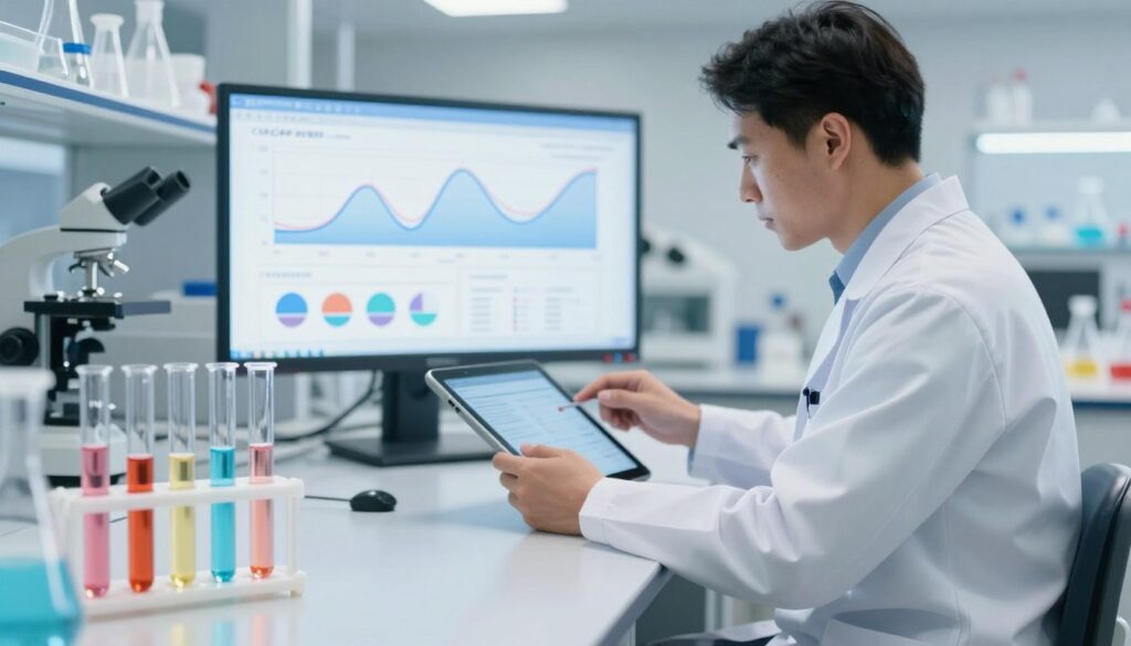 A visually engaging and informative graphic illustrating the dynamics of protein concentration changes during treatment. In the foreground, a sleek, modern laboratory setting features transparent test tubes with visible colored liquids, representing varying CRP levels. In the middle ground, a healthcare professional in a lab coat analyzes data on a digital tablet, surrounded by charts and graphs displaying fluctuating protein concentration curves over time. The background showcases a softly lit laboratory with shelves of scientific equipment and biological samples, creating a professional atmosphere. The lighting is bright yet soft, highlighting the details and creating a sense of inquiry. The overall mood is focused and analytical, perfect for an educational context.
