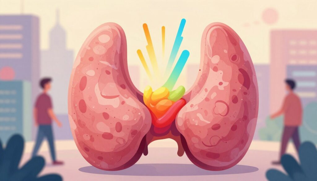 A visually engaging illustration depicting the concept of hyperthyroidism, featuring a split view design. In the foreground, show a healthy thyroid gland in serene colors, symbolizing balance and wellbeing. In contrast, the middle section should highlight an overactive thyroid gland, depicted with vibrant, energetic colors, emitting radiating lines to symbolize heightened metabolism. The background should feature a blurred cityscape to represent activity and liveliness, emphasizing the energetic impact of hyperthyroidism. Soft, warm lighting should create a hopeful atmosphere, reflecting both the challenges and potential awareness of thyroid health. The composition should evoke a sense of curiosity and engagement, making it perfect for educational purposes, while remaining visually balanced and informative.