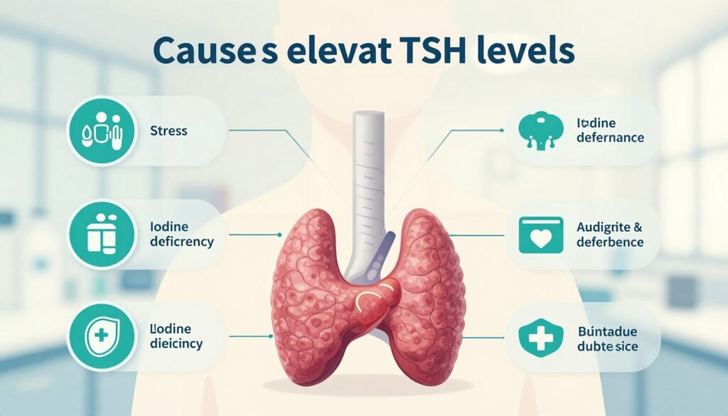 A visually engaging infographic illustrating the most common causes of elevated TSH levels. In the foreground, a detailed, anatomical diagram of the thyroid gland, clearly labeled and vibrant, draws attention. Surrounding it, infographics represent various causes, such as stress, iodine deficiency, and autoimmune disorders, depicted as icons or symbols. The middle layer showcases a neutral-toned background with soft, diffused lighting to enhance clarity, giving a clinical yet approachable feel. In the background, a subtle pattern related to health, like a grid or abstract shapes, adds depth without distracting from the main elements. The overall atmosphere should be informative and professional, suitable for a medical article, with a calming color palette of blues and greens to evoke trust and a sense of well-being.