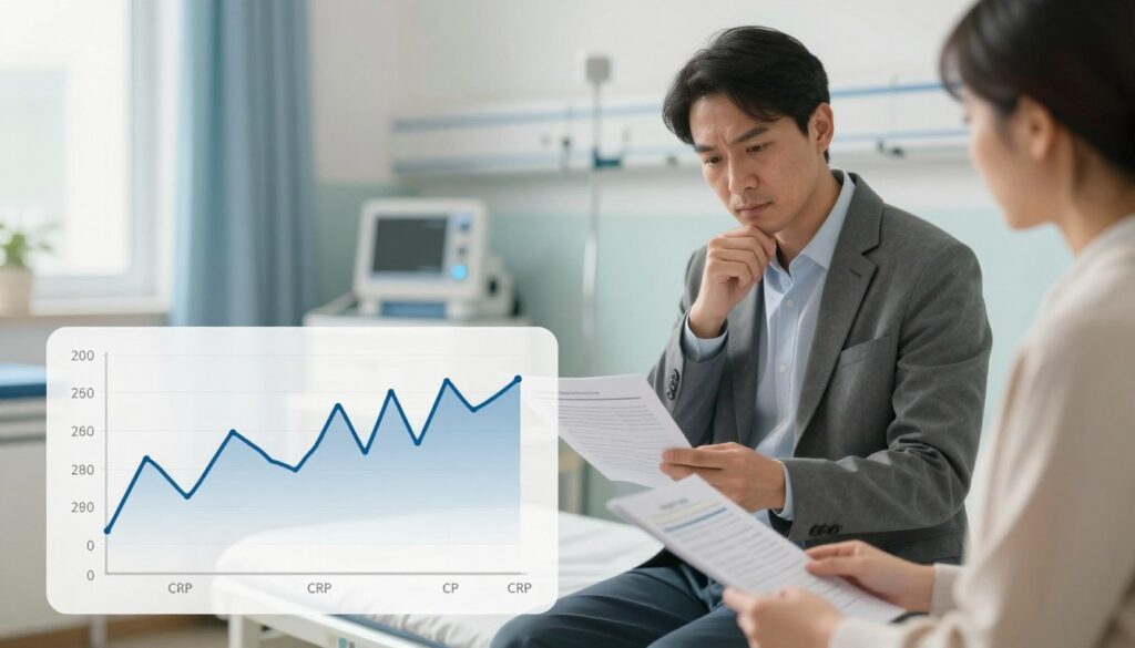 A visually informative representation of "the dynamics of CRP concentration changes during recovery." The foreground features a detailed line graph displaying fluctuating CRP levels, with clear labels on the axes. In the middle, a soft-focused illustration of a patient sitting in a medical setting, wearing professional business attire, looking at their recovery chart with a thoughtful expression. The background includes a muted hospital room with calming colors, medical equipment, and soft, natural lighting from a nearby window, creating a serene atmosphere. The entire composition conveys a sense of monitoring and understanding, emphasizing the importance of analyzing CRP levels during postoperative recovery without distractions or additional text. A visually informative representation of "the dynamics of CRP concentration changes during recovery." The foreground features a detailed line graph displaying fluctuating CRP levels, with clear labels on the axes. In the middle, a soft-focused illustration of a patient sitting in a medical setting, wearing professional business attire, looking at their recovery chart with a thoughtful expression. The background includes a muted hospital room with calming colors, medical equipment, and soft, natural lighting from a nearby window, creating a serene atmosphere. The entire composition conveys a sense of monitoring and understanding, emphasizing the importance of analyzing CRP levels during postoperative recovery without distractions or additional text.