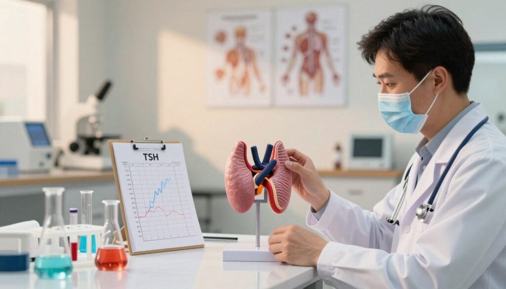 A visually striking illustration depicting elevated TSH levels in a clinical context. In the foreground, a professional healthcare provider in a lab coat examines a thyroid model, showcasing its anatomical structure in detail. In the middle ground, an array of laboratory glassware and health charts indicating high TSH levels, capturing the essence of thyroid health monitoring. The background features a softly lit, modern clinic environment, with medical equipment and anatomical diagrams on the walls, enhancing the setting. The lighting is warm and inviting, conveying a sense of professionalism and care. The overall mood is informative and focused, ideal for a medical article.