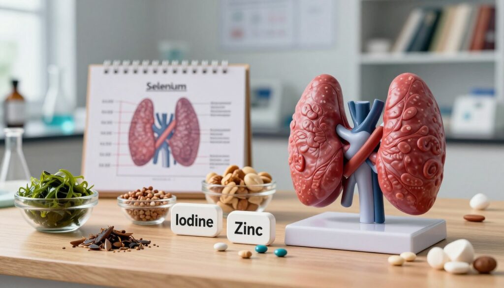 A visually striking illustration of the role of mineral components in thyroid function, showcasing a colorful array of minerals such as selenium, iodine, and zinc, artistically arranged over a wooden table. In the foreground, a vibrant, detailed thyroid gland model sits next to these minerals, illuminated by soft, natural light to highlight their textures. The middle ground features scientific charts depicting thyroid hormone levels, surrounded by small bowls of mineral-rich foods like seaweed and nuts, emphasizing their importance. In the background, a softly blurred laboratory setting conveys a sense of research and discovery, with shelves filled with books and scientific instruments. The overall atmosphere should reflect a mood of intrigue and education, inviting viewers to explore the importance of minerals in thyroid health.
