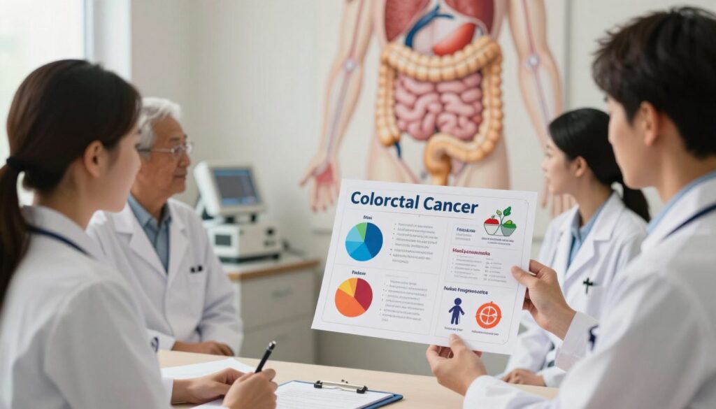 A visually striking illustration representing the risk factors for colorectal cancer. In the foreground, a diverse group of professionals in lab coats examines a detailed infographic displaying various risk factors like diet, age, family history, and lifestyle choices, symbolized through colorful pie charts and icons. In the middle ground, a softly lit consultation room with medical equipment creates an informative atmosphere. The background features anatomical representations of the human digestive system, emphasizing the colorectal region. Use natural, warm lighting for a welcoming feel, with a shallow depth of field to focus on the professionals and the infographic. The overall mood should be educational and serious, conveying the importance of awareness in healthcare.