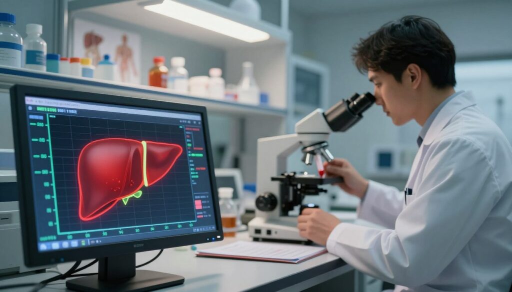 A visually striking illustration showing elevated liver enzymes in the context of medical diagnostics. In the foreground, a graphical representation of liver enzyme levels on a digital screen, highlighted in bright red to signify elevation, contrasted with normal levels in green. In the middle ground, a medical professional in a lab coat analyzes blood samples under a microscope, the lab filled with lab equipment and anatomical charts in soft focus. The background features a softly lit laboratory filled with scientific instruments, creating a clinical atmosphere. The overall mood is serious and informative, reflecting a professional medical setting, with warm overhead lighting to enhance details, captured from a slight angle to convey depth and focus on the diagnostic process.