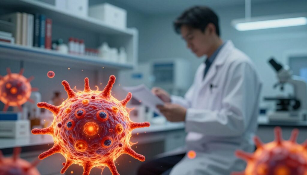 A visually striking image depicting the concept of inflammation related to cancer. In the foreground, an abstract representation of a human cell, with vivid colors symbolizing inflammation, such as fiery reds and oranges surrounding the cell. In the middle ground, a blurred silhouette of a patient in a lab coat examining medical documents, representing the medical profession. The background features a softly-lit laboratory or clinical environment with shelves filled with medical books and equipment, casting a calm, serious atmosphere. The lighting is bright yet diffused, emphasizing the foreground while creating depth. The angle is slightly elevated, focusing on the interplay between the human element and the cellular abstraction, capturing both the complexity of cancer mechanisms and a sense of professional inquiry.
