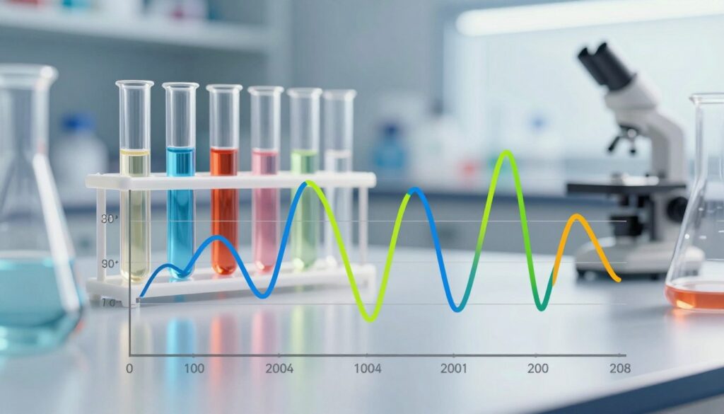A vivid and informative scientific illustration showcasing the dynamics of protein concentration over time. In the foreground, a graph with fluctuating lines representing varying protein levels, depicted in bright, contrasting colors. In the middle ground, a series of test tubes and laboratory equipment, subtly blurred to indicate a research setting, emphasizes the scientific context. In the background, a sleek laboratory with soft, diffuse lighting, enhancing the focus on the main subjects and creating a professional atmosphere. The image should convey a sense of discovery and analysis, with a clean, modern aesthetic, highlighted by reflections in glass surfaces.
