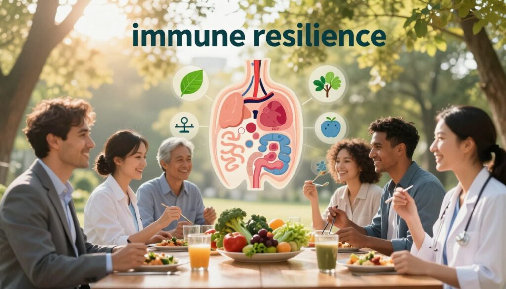 A vivid depiction of the concept of "immune resilience" as a central theme. In the foreground, a diverse group of individuals in professional attire is engaged in healthy activities, such as exercising and enjoying nutritious meals. In the middle, a clear anatomical illustration of monocytes and their role in the immune system, surrounded by symbols of health such as green leaves and a balanced diet. The background features a serene natural setting with soft sunlight filtering through trees, symbolizing vitality and well-being. The atmosphere is uplifting and encouraging, emphasizing the importance of lifestyle choices in supporting immunity. Use soft, warm lighting to create an inviting ambiance, capturing the essence of health and resilience.