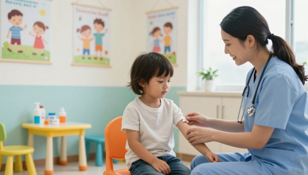 A warm and inviting pediatric clinic setting, illustrating a healthcare professional gently preparing to draw blood from a young child seated in a colorful examination room. In the foreground, the child, around 5 years old, sits calmly in a child-sized chair, wearing a comfortable, modest t-shirt, looking reassured by the caring demeanor of the nurse. The nurse, in scrubs, has a warm smile and is explaining the procedure softly. In the middle ground, various children's health posters adorn the walls, and a small table holds child-friendly medical supplies. The background is softly lit with natural light streaming through a window, creating a friendly atmosphere. The scene conveys a sense of safety, comfort, and compassion, emphasizing the professionalism of pediatric care.