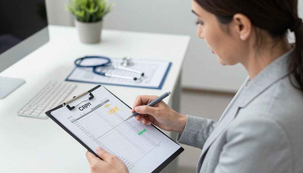 A well-lit medical office environment, with a focus on a healthcare professional, a middle-aged woman in a smart blazer, analyzing a patient report on a sleek clipboard. In the foreground, a clear view of the report displays CRP test results, with highlighted sections to indicate important values. The background features a modern medical desk with medical charts, a stethoscope, and a potted plant for a touch of warmth. The lighting is soft and natural, illuminating the scene to create a professional and calm atmosphere. The perspective is slightly above eye level, capturing both the healthcare professional’s focused expression and the detailed report.