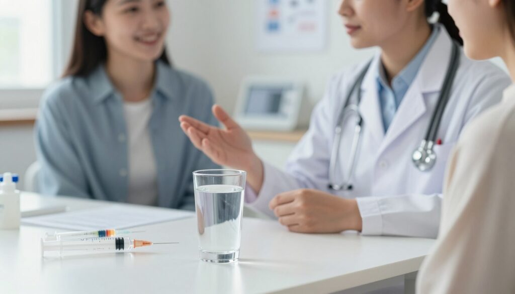 A well-lit medical setting focused on hydration before a blood test, featuring a clear glass of water resting on a pristine white table. In the foreground, show a neatly arranged syringe and medical instruments, highlighting the importance of preparation. In the middle ground, capture a health professional in professional attire, confidently explaining the significance of hydration to a patient who appears engaged and attentive. The background should depict softly blurred medical charts and a blood-drawing station, enhancing the clinical atmosphere. Natural light from a nearby window creates a calm and reassuring ambiance, symbolizing the connection between proper hydration and health checks, while emphasizing the importance of readiness before a thyroid test.