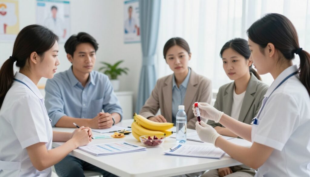 A well-organized medical preparation scene in a bright clinic room, with a diverse group of individuals (dressed in professional business attire) discussing how to prepare for a blood test. In the foreground, a nurse is demonstrating the process with a vial of blood, while a patient looks on attentively. In the middle, a table is cluttered with informational pamphlets and healthy snacks such as bananas and water bottles, emphasizing nutrition before the test. The background features medical posters and a window with soft, natural light streaming in, creating an inviting and calm atmosphere. Capture the focus and interaction among the subjects, conveying a mood of reassurance and clarity, with a slight depth of field effect to draw attention to the foreground elements.