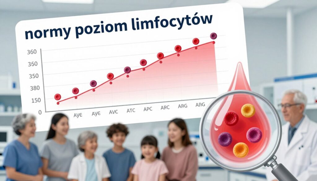 An educational visual representation of "normy poziom limfocytów" showcasing a diverse group of individuals at different ages, from children to elderly adults. In the foreground, a stylized blood sample drop, magnified to illustrate lymphocyte levels, with vibrant colors representing healthy ranges. The middle ground features a clear gradient chart showing lymphocyte levels by age, elegantly designed with subtle lines and age markers. The background is a softly blurred laboratory setting with professional equipment, ensuring a clinical atmosphere. Soft, natural lighting enhances clarity, while a slight tilt-up angle focuses on the chart and samples. The overall mood is informative and engaging, emphasizing health and knowledge.