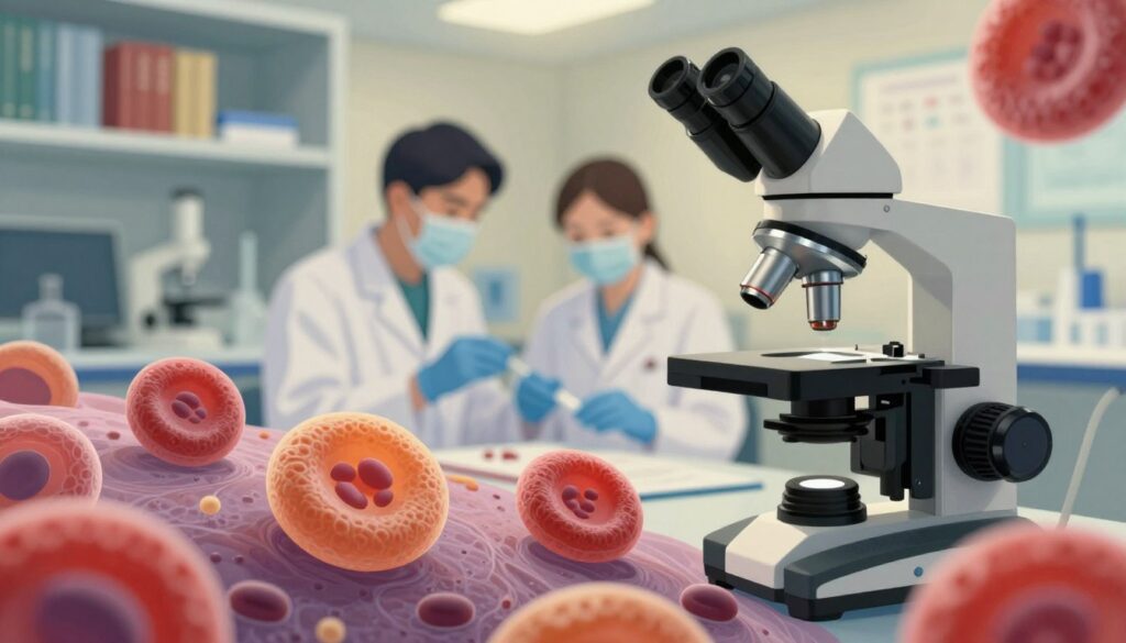 An intricate and detailed illustration of hematological cancers, focusing on blood cell abnormalities. In the foreground, visually distinct blood cells—such as leukemic blasts and abnormal platelets—are highlighted under a microscope. The middle layer showcases a laboratory setting, with medical professionals in professional attire analyzing blood samples. The background features shelves filled with scientific books and equipment, with soft, warm lighting creating a focused yet somber atmosphere. The image should convey a sense of urgency and significance, representing the critical analysis of blood results in detecting hematological malignancies. The shot is taken with a slightly blurred bokeh effect to emphasize the foreground elements.