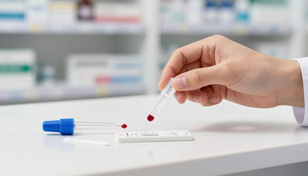 Create an instructional illustration depicting the step-by-step process of performing a home CRP test. The foreground features a clear view of various testing materials, such as test strips, a dropper, and a small blood sample, arranged neatly on a clean, modern countertop. In the middle, a well-lit hand demonstrates how to apply the blood sample to the test strip, with a background showing a softly blurred pharmacy setting that hints at a professional environment. The lighting is bright and natural, emphasizing clarity and precision, while the ambiance conveys a sense of trust and accessibility. The image should feel informative and welcoming, with a focus on clarity and practicality, without any text or graphic overlays.