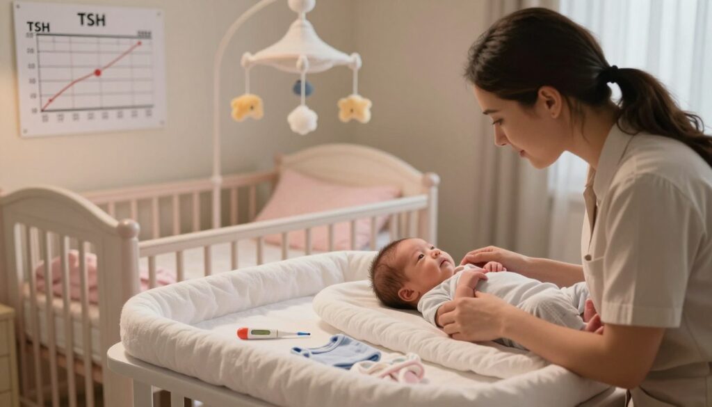 Illustrate a serene nursery scene that visually represents the TSH levels in newborns and infants. In the foreground, include a soft, plush-changing table with a few essential baby items like a thermometer, tiny clothes, and a nurturing caregiver gently attending to the newborn, dressed in modest casual clothing. The middle ground features a cozy crib adorned with pastel bedding and a gentle mobile above it, creating a calming atmosphere. In the background, subtle medical charts displaying reference ranges for TSH levels are softly illuminated by warm, ambient lighting, emphasizing the informative aspect without detracting from the nurturing environment. Use a shallow depth of field to keep the focus on the caregiver and the newborn, enhancing the mood of care and professionalism.